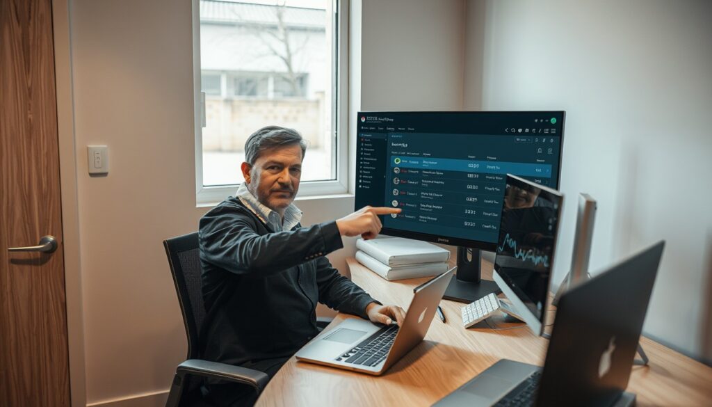 Profesional revisando consola central de seguridad endpoint en oficina