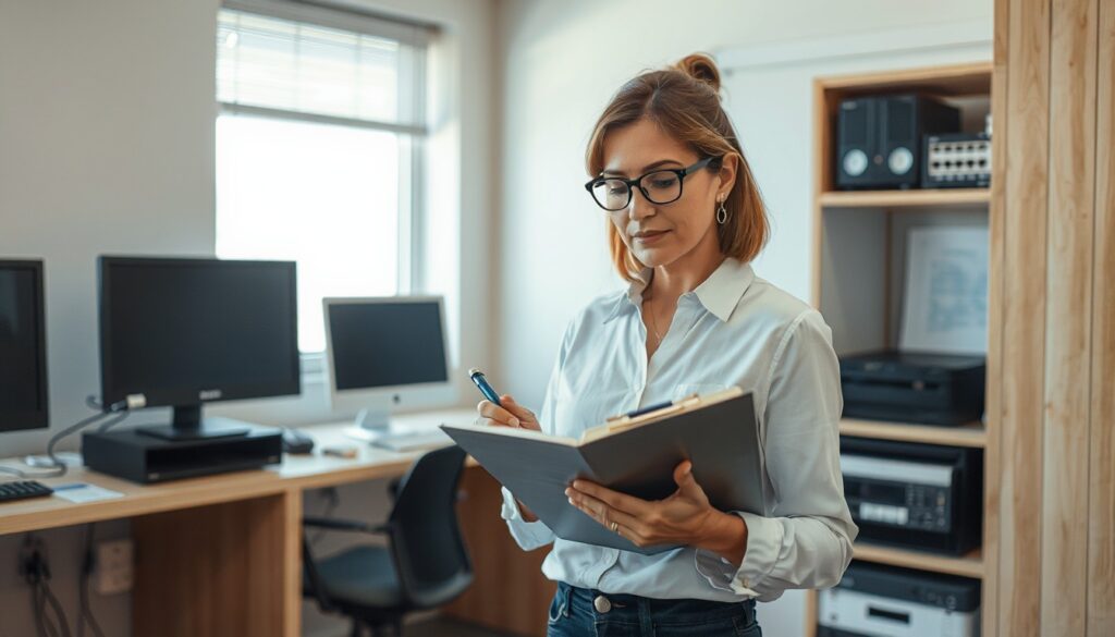 Mujer con planilla relevando equipos informáticos en una oficina pequeña