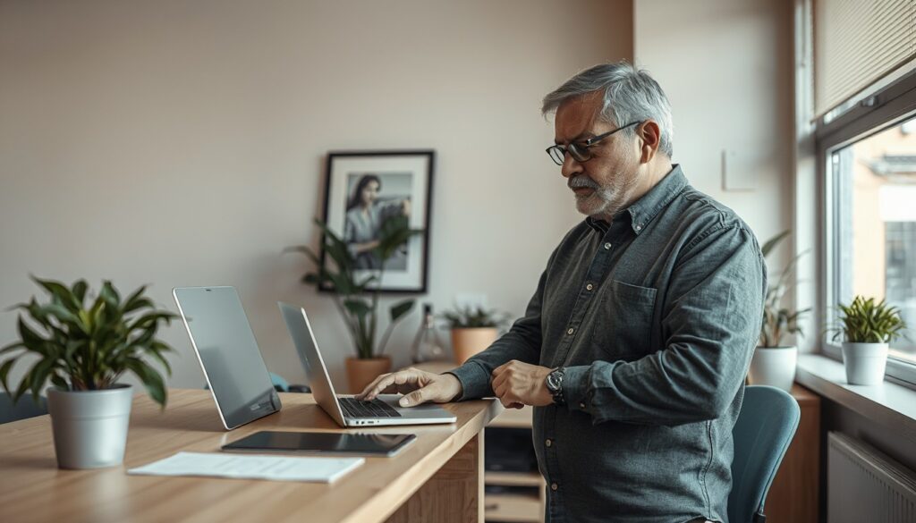 Dueño de PyME revisando su laptop en un escritorio de oficina pequeña
