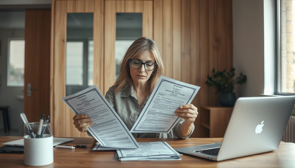 Mujer revisando documentos de licencias de software en su oficina