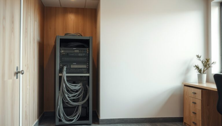 Pequeño rack de servidores ordenado en oficina pyme