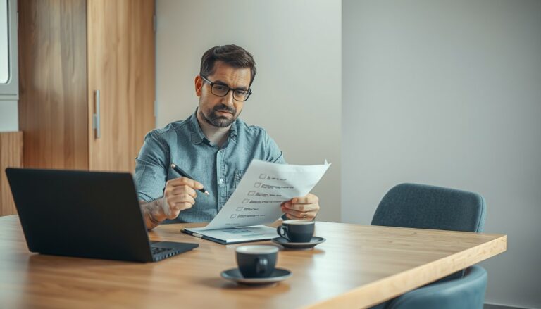 Un gerente revisa una lista de control impresa en una mesa de reuniones